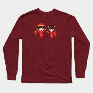 Chinese boy and girl with lanterns Long Sleeve T-Shirt